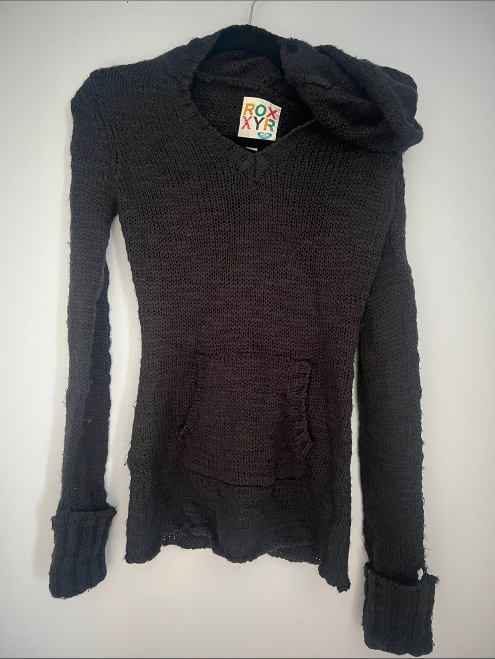 Roxy Black V-Neck Knit Hoodie Sweater